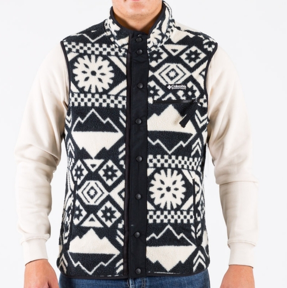 Columbia Black and White Checkered Sherpa Fleece Patterned Men's Vest M - Picture 1 of 13